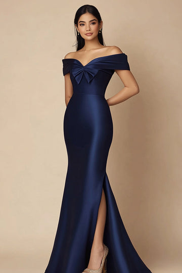 Navy Mermaid Satin Off the Shoulder Long Formal Dress with Slit